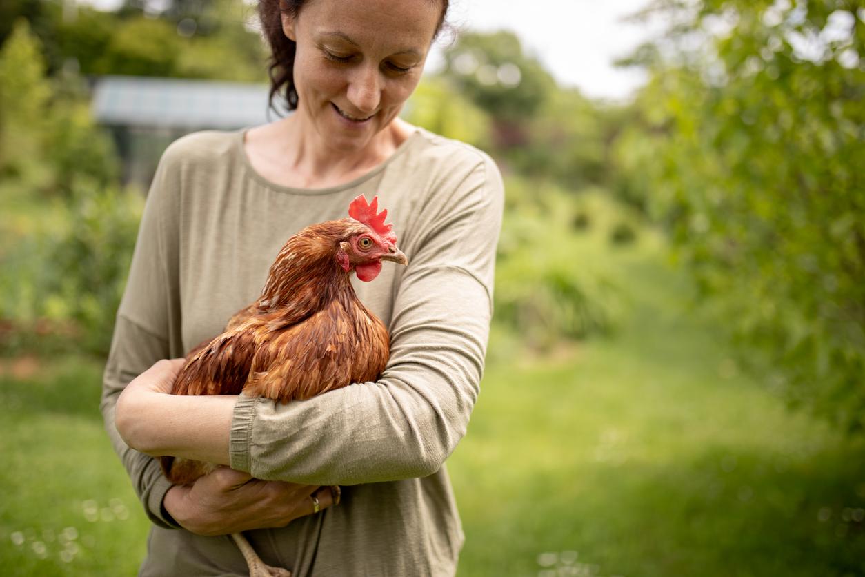 A smiling vegan woman looks down upon a chicken, which she is holding in her arms in a grassy area flanked by trees.