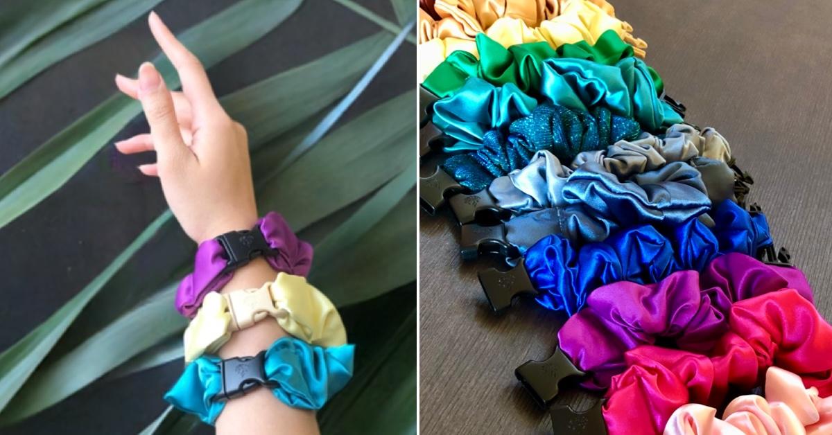 Two photos of Buckle Scrunchies in various colors 